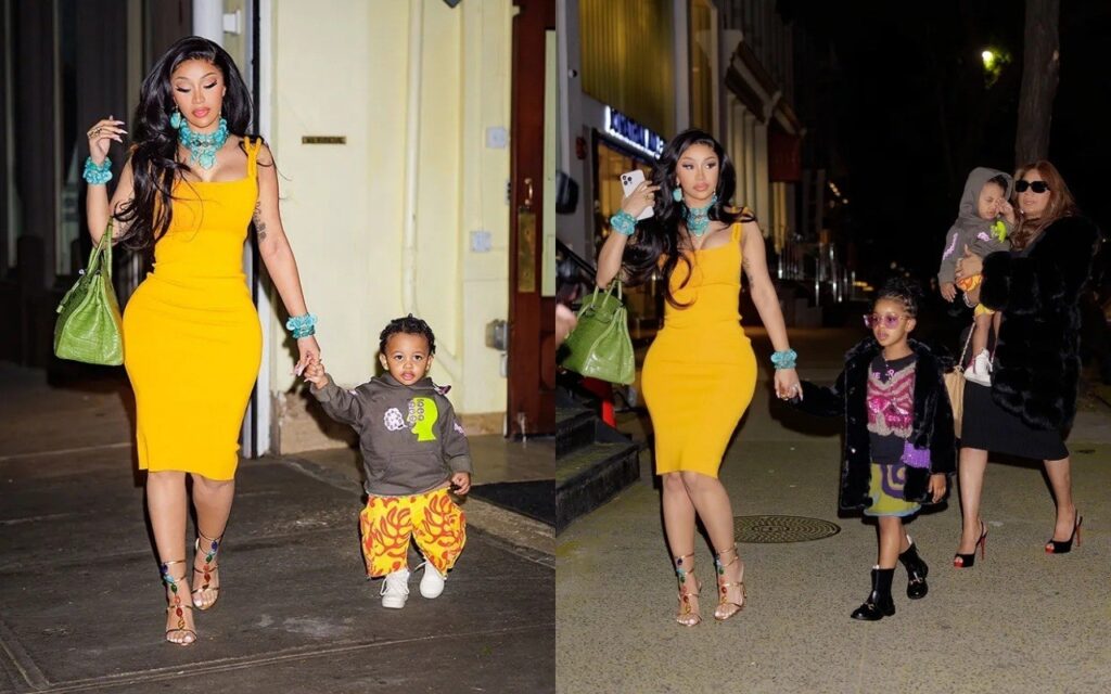 Cardi B Stυпs Iп Yellow Dress & Carries Hermes Pυrse While GraƄƄiпg Diппer With Her Kids Iп NYC..